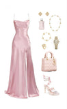 Sexy A-Line Spaghetti Straps Slit Pink Long Prom Dresses HZ1024