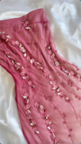 Modest Sheath One Shoulder Chiffon Ombre Pink Long Prom Dress Party Dress With Flowers Beads HZ1024