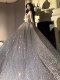 Luxury Ball Gown Strapless Sleeveless Silver Sequin Wedding Dress HZ1024