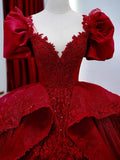 Dreamy Ball Gown V Neckline Red Lace Long Wedding Dresses With Lace HZ1024