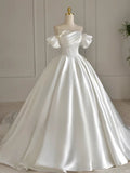 Simple Ball Gown Off The Shoulder White Long Lace Wedding Dresses With Beads HZ1024