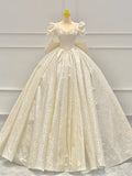 Timeless Ball Gown Sweetheart Long Puffy Sleeves Sequin Wedding Dresses With Bowknot HZ1024
