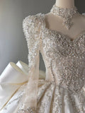 Chic Ball Gown Sweetheart White Long Sleeves Satin Wedding Dresses With Beads Bow HZ1024