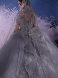 Luxury Ball Gown Off The Shoulder Neckline Short Sleeves Sequin Wedding Dress HZ1024