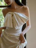 Chic A Line Strapless Sleeveless White Satin Wedding Dresses With Bow HZ1024