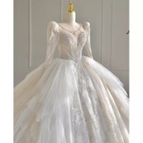 Luxury Ball Gown Scoop Neckline Long Sleeves Lace White Wedding Dress HZ1024