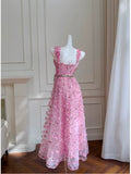 Modest A line Straps Sleeveless Pink Tulle Flowers Prom Dress Evening Dresses HZ1024