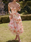 Sexy A line Spaghetti Straps Sleeveless Floral Pink Chiffon Prom Dresses HZ1024