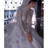 Luxury Ball Gown V Neckline Long Sleeves Lace Wedding Dress HZ1024