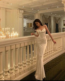 Sexy Mermaid Spaghetti Straps White Satin Long Prom Dress Evening Dresses HZ1024