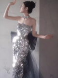 Modest Mermaid Strapless Sequin Long Prom Dresses HZ1024