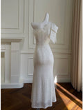 Pretty Sheath One Shoulder Sequin Slit Prom Dress White Formal Dresses HZ1024