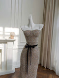 Pretty Sheath Spaghetti Straps Champagne Sequin Prom Dress Formal Dresses HZ1024