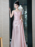 Modest Mermaid Strapless Shiny Satin Pink Long Prom Dresses HZ1024
