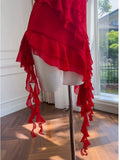 Modest Sheath Spaghetti Straps Red Chiffon Ruffled Short Homecoming Dresses Birthday Outfits HZ1024