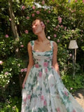 Modest A line Straps Floral Chiffon Long Length Prom Dress Formal Dresses HZ1024