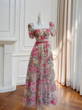 Modest A Line Square Neckline Short Sleeves Lace Floral Pink Long Length Prom Dress Formal Dresses HZ1024