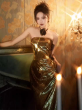 Modest Mermaid Strapless Sequin Gold Long Prom Dresses HZ1024