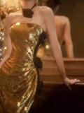 Modest Mermaid Strapless Sequin Gold Long Prom Dresses HZ1024