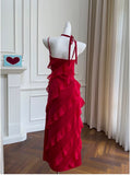 Modest A line Spaghetti Straps Red Chiffon Long Prom Dress Formal Dresses HZ1024