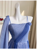 Modest A line Spaghetti Straps Blue Chiffon Prom Dress Formal Dresses HZ1024