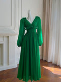 Modest A line V Neckline Long Sleeves Green Chiffon Slit Prom Dress Formal Dresses With Buttons HZ1024