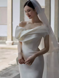 Vintage Mermaid Off The Shoulder White Satin Long Wedding Dresses HZ1024