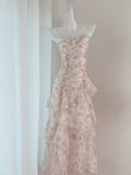 Modest A Line Straps Chiffon Long Pink Floral Prom Dress Evening Dresses HZ1024