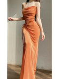 Modest Sheath Spaghetti Straps Velvet Long Organge Prom Dress Evening Dresses HZ1024