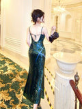 Modest Sheath Spaghetti Straps Sequin Green Prom Dress Evening Dresses HZ1024