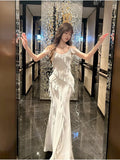 Modest Sheath Spaghetti Straps Chiffon Long Prom Dresses Evening Dress With Ruffles HZ1024