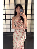 Modest Sheath Spaghetti Straps Pink Floral Chiffon Prom Dresses Ruffles Evening Dress HZ1024