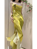 Pretty Sheath Spaghetti Straps Green Long Prom Dresses Evening Dress With Flowers HZ1024