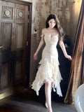 Pretty High Low Spaghetti Straps Chiffon Prom Dresses Evening Dress With Ruffles HZ1024