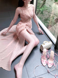 Pretty Sheath Spaghetti Straps Pink Prom Dresses Slit Evening Dress With Lace HZ1024