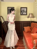 Modest Mermaid High Neckline White Tulle Floral Prom Dresses Sexy Evening Dress HZ1024