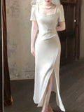 Pretty Mermaid Sweetheart White Satin Slit Long Prom Dresses HZ1024