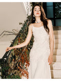 Pretty Mermaid Spaghetti Straps White Floral Lace Long Prom Dresses HZ1024