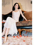 Pretty Mermaid Spaghetti Straps White Floral Lace Long Prom Dresses HZ1024
