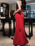 Pretty Mermaid Spaghetti Straps Burgundy Satin Slit Long Prom Dresses HZ1024