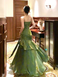 Pretty Sheath Spaghetti Straps Green Ruffles Long Prom Dresses HZ1024