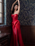 Sexy Mermaid Sweetheart Satin Long Prom Dresses Red Slit Birthday Outfits HZ1024