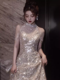 Sexy A Line High Neckline Sequin Long Prom Dresses Backless Birthday Outfits HZ1024
