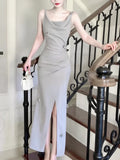 Pretty Mermaid Straps Gray Satin Slit Long Prom Dresses Evening Dress HZ1024