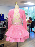Cocktail Dresses A-Line V-Neck Long Sleeve Shiny Sequin Homecoming Dresses HZ1024