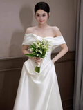 Elegant A line Off The Shoulder Satin Ruffles Long White Wedding Dresses HZ1024