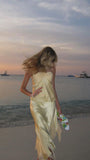 Classic Sheath Halter Yellow Chiffon Long Prom Dress With Ruffles HZ1024