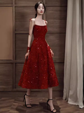 Sexy A Line Spaghetti Straps Red Prom Dresses Lace Birthday Outfits HZ1024