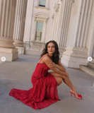 Pretty Sheath Spaghetti Straps Red Ruffles Chiffon Slit Prom Dresses HZ1024