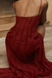 Pretty Sheath Spaghetti Straps Red Ruffles Chiffon Slit Prom Dresses HZ1024